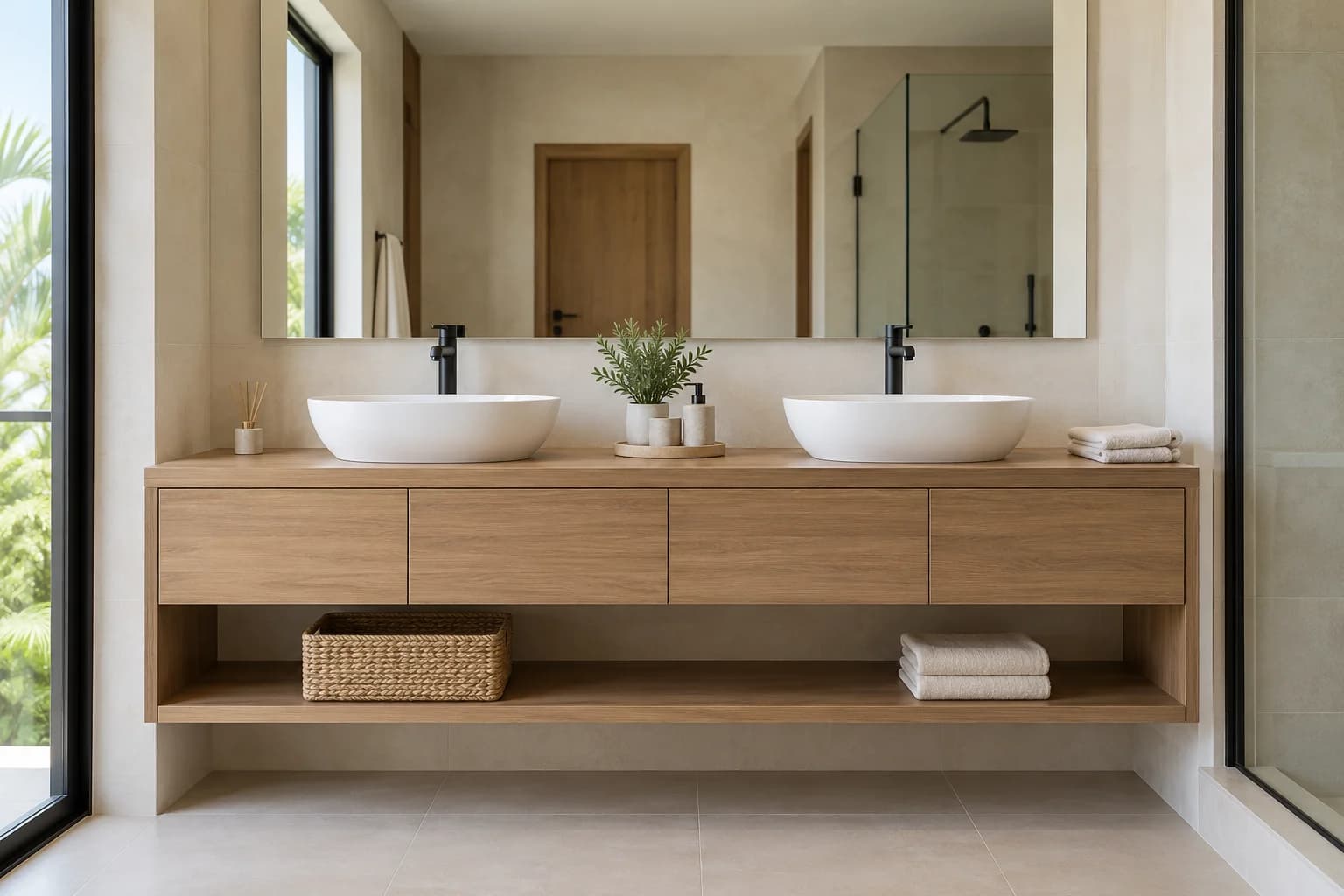 Baño Doble — Mueble de doble lavabo con acabado efecto madera y estante inferior abierto.
