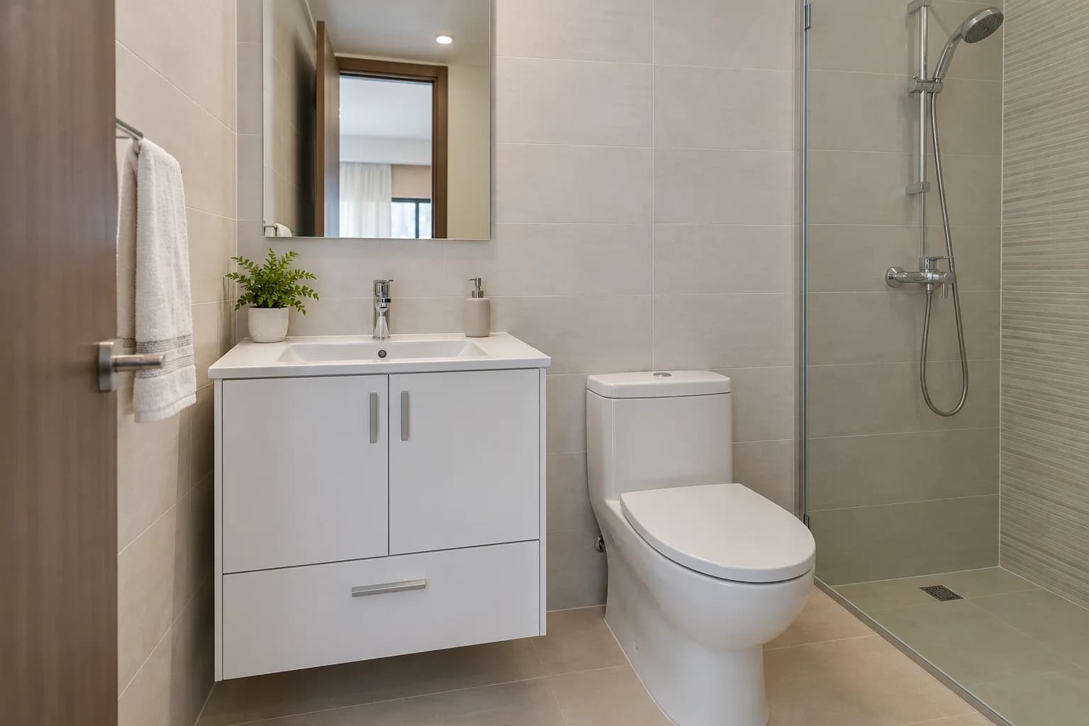 Blanco Económico — Mueble estrecho blanco con dos puertas, cajón, lavabo integrado y herrajes cromados.