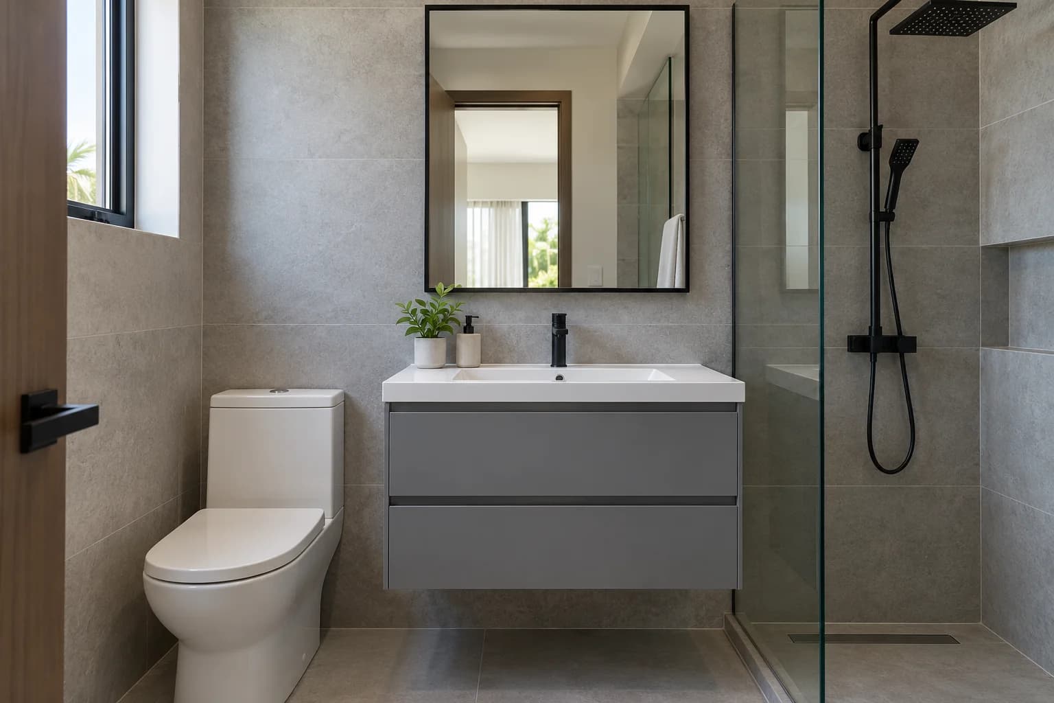 Gris Económico — Tumbado gris mate suspendido con dos cajones, lavabo blanco y espejo de marco negro.