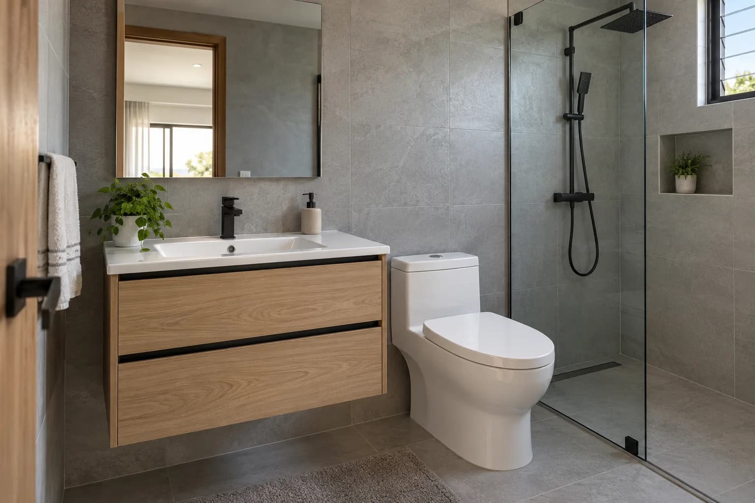 Roble Económico — Mueble suspendido efecto roble con dos frentes lisos y lavabo integrado.
