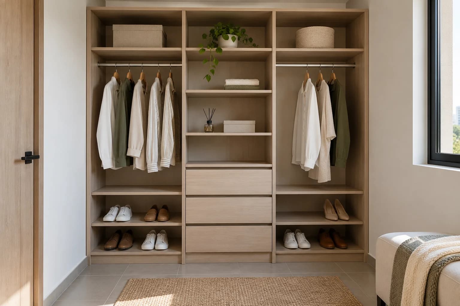 Vestidor Abierto — Vestidor abierto con dos zonas para colgar, cajones centrales y estantes.