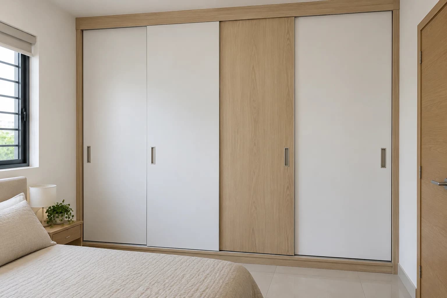 Clóset Bicolor — Clóset corredero que combina melamina blanca y efecto roble con cuatro frentes lisos.