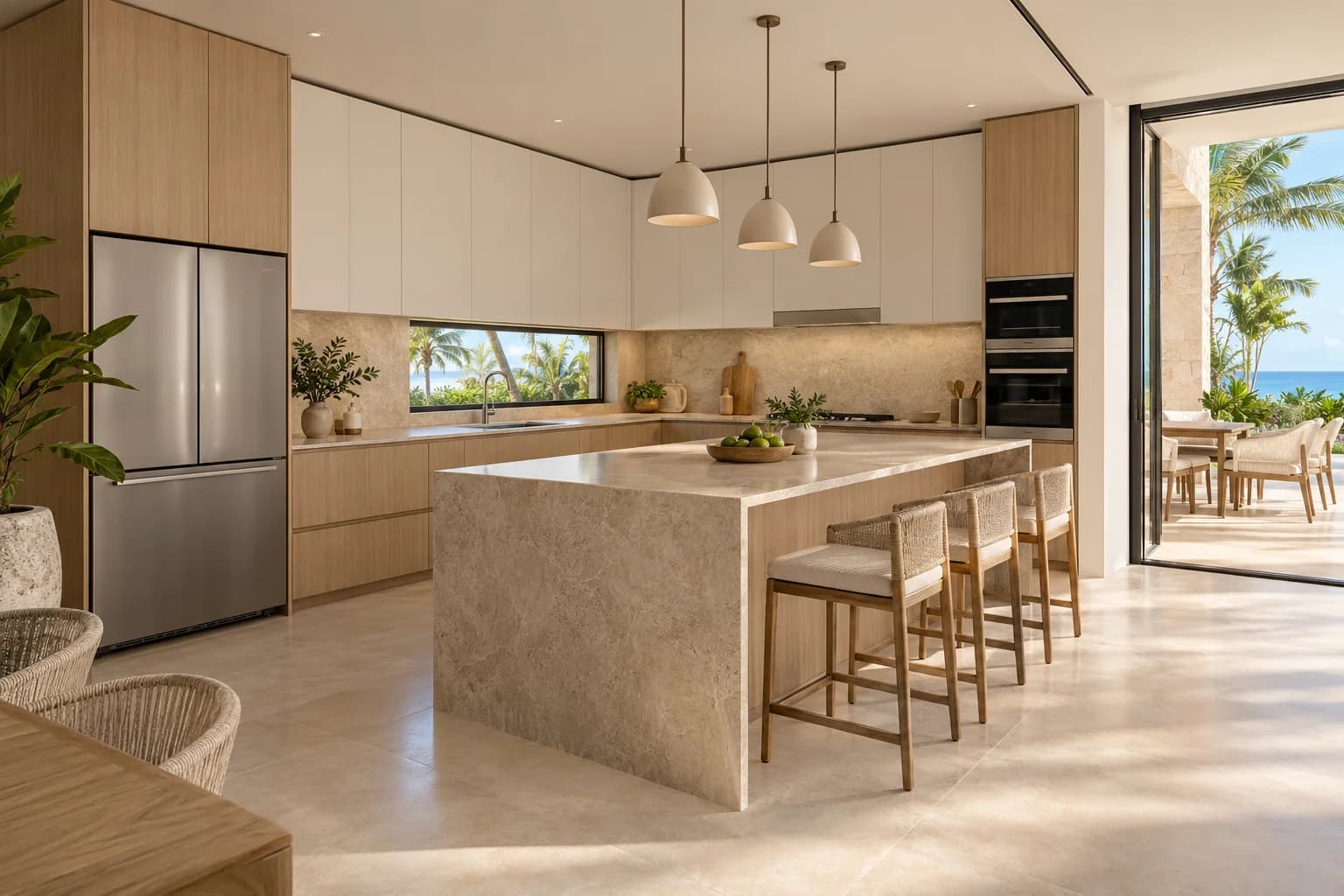 Diseño de referencia de cocina de madera con isla y frentes claros